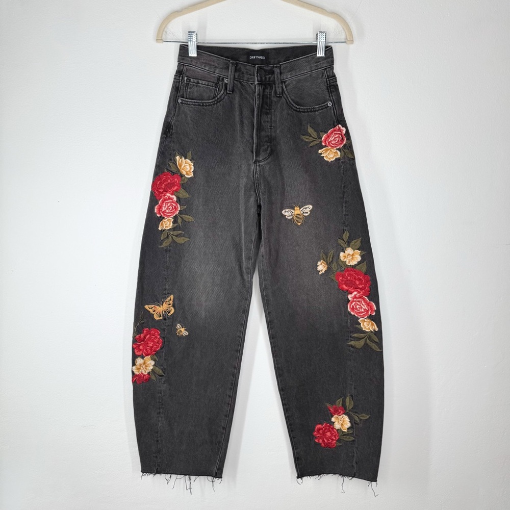 Driftwood Parker Barrel Jeans Faded Black Embroidered Floral Bee Butterfly 24 - Picture 2 of 16